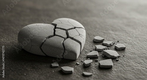 A close-up artistic image of a cracked white stone heart lying broken on a textured surface — fragments scattered as a symbolic still life. The composition should evoke emotions of fragile love, emoti