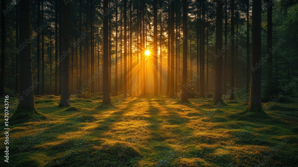 Fototapeta premium Golden Hour in the Enchanting Forest: A Sunrise Symphony of Light and Shadow