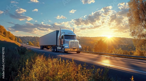 Large semi-truck driving on a highway through a scenic area with golden autumn trees at sunset under a partly cloudy sky