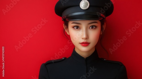 Close-up portrait of a young woman in military-style attire.