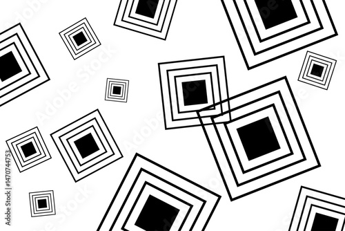 Abstract geometric pattern featuring black and white squares intersecting at various angles