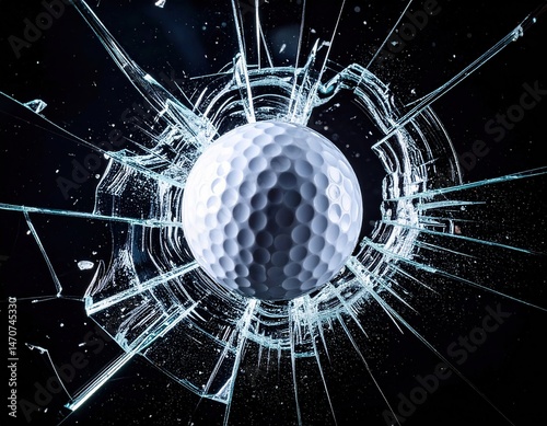 Golf ball breaking glass with dramatic impact in close-up view