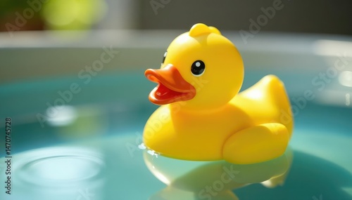 Yellow rubber duck in bath, close-up Water droplets visible , summer, toy duck