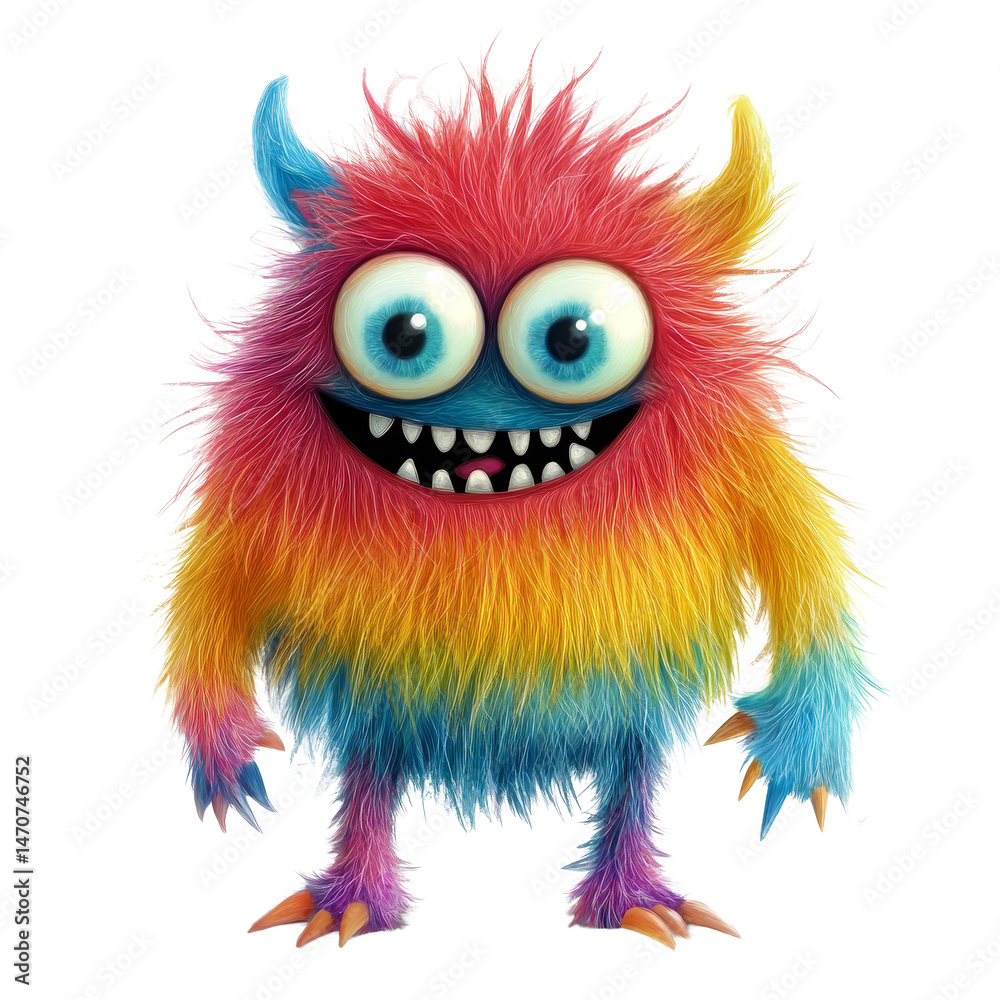 Obraz premium A colorful furry monster cartoon character with vibrant features stands playfully against a transparent background, Colorful Furry Monster Cartoon Character on transparent background