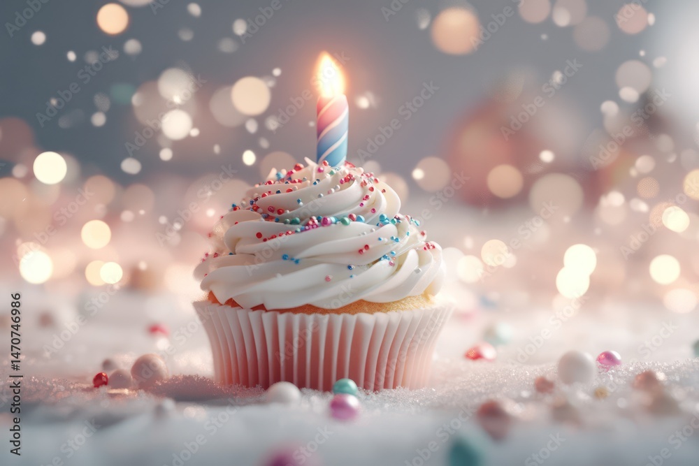 Festive cupcake with lit candle. A single, beautifully decorated cupcake rests on a bed of glittering sprinkles and small, colorful beads. A single lit candle sits atop the fluffy white frosting, add Festive cupcake with lit candle. A single, beautifully decorated cupcake rests on a bed of glittering sprinkles and small, colorful beads. A single lit candle sits atop the fluffy white frosting, add
