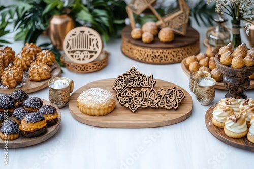 Elegant spread of assorted Middle Eastern desserts and pastries on wooden platters with decorative Arabic calligraphy and small cups of cream on a white table photo