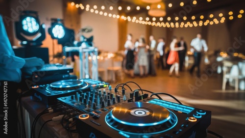 Wedding DJ Setup with Blurry Guests Dancing in Background
