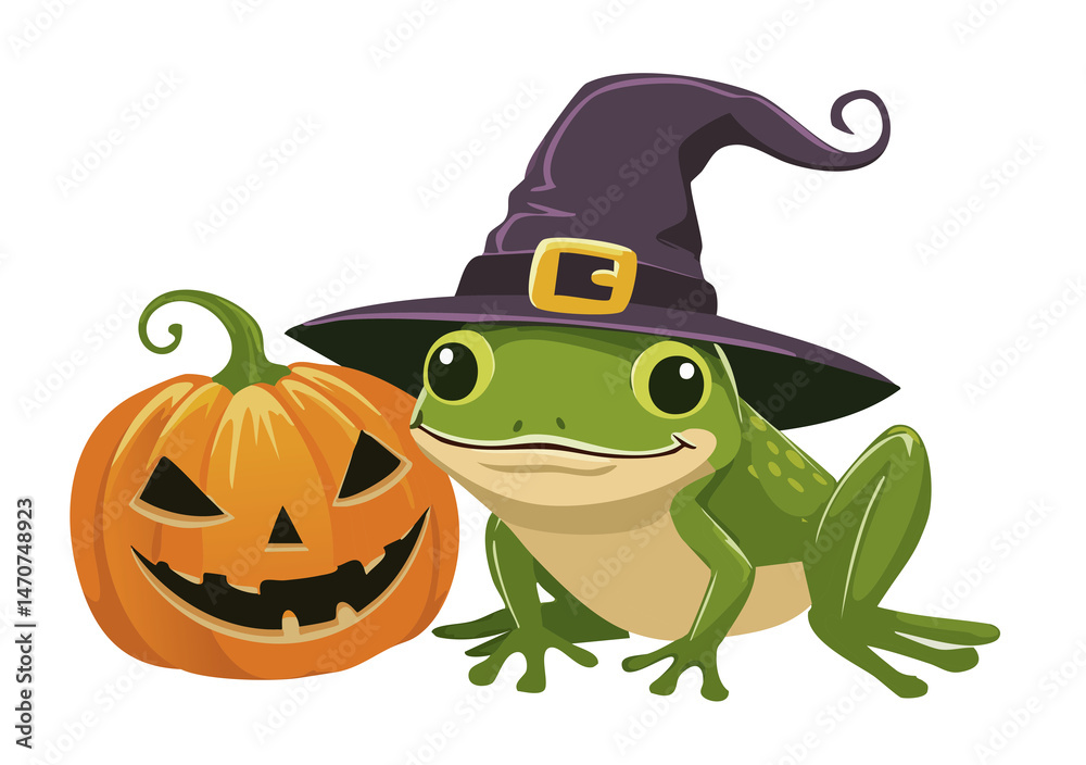 Obraz premium A whimsical Halloween scene featuring a frog wearing a witch's hat, beside a jack-o'-lantern. The playful illustration evokes the spooky spirit of the season