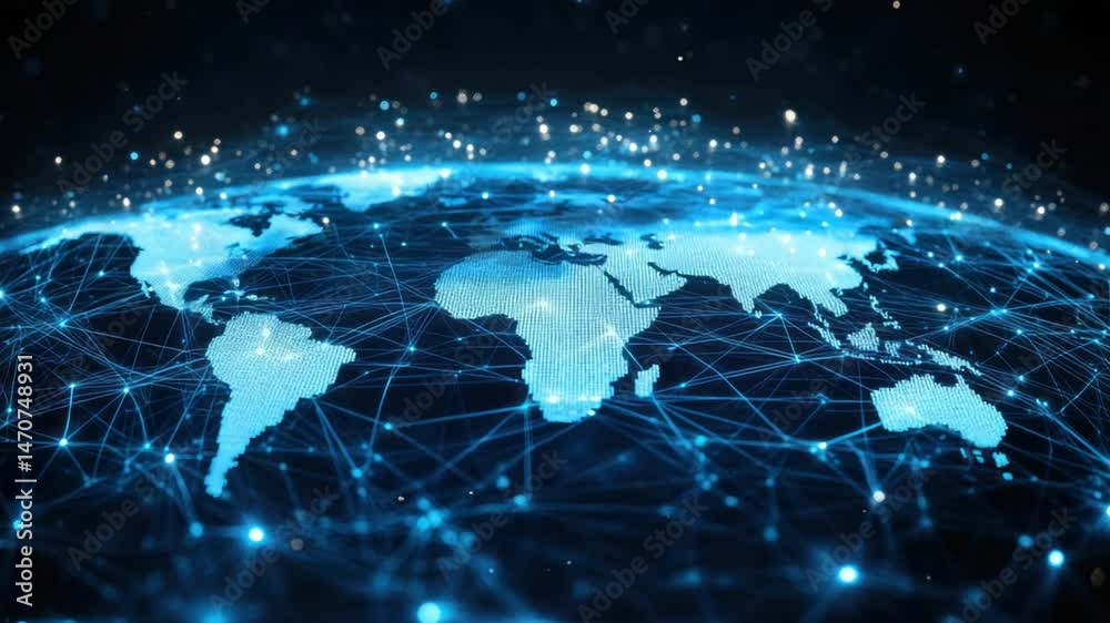 Global network interconnected world map. Illuminated continents are connected by a complex network of glowing lines, creating a visual representation of global connectivity Global network interconnected world map. Illuminated continents are connected by a complex network of glowing lines, creating a visual representation of global connectivity