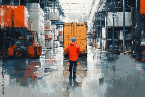 A warehouse interior scene with a worker and cargo container.