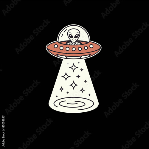 Cartoon-style illustration of a smiling alien inside a classic flying saucer spaceship, emitting a beam of light filled with stars.