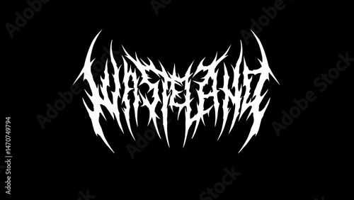Wasteland, vector typography with sharp, chaotic metal lettering style, perfect for extreme music, dark fashion