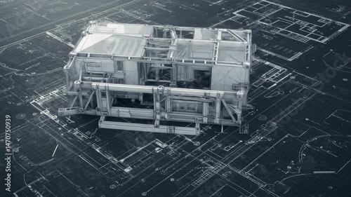 Monochrome Architecture Model of Building Construction in Wireframe Grid Background