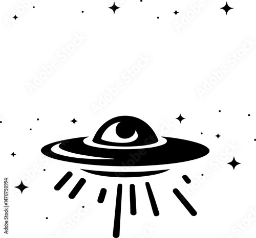 Black and white minimalist illustration of a UFO spaceship beaming light in outer space, surrounded by stars.