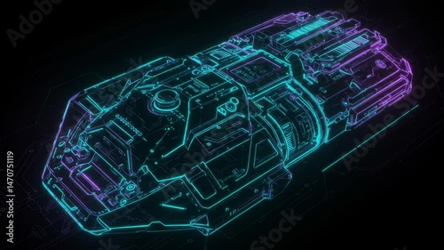Futuristic Spaceship Design Neon Outline on Black Background Conceptual Engineering