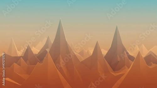 Abstract Low Poly Geometric Mountain Landscape With Orange And Blue Gradient Sky