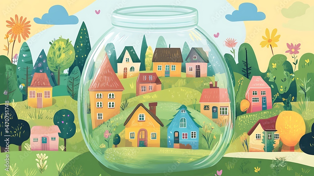 Houses in a jar illustration community landscape concept