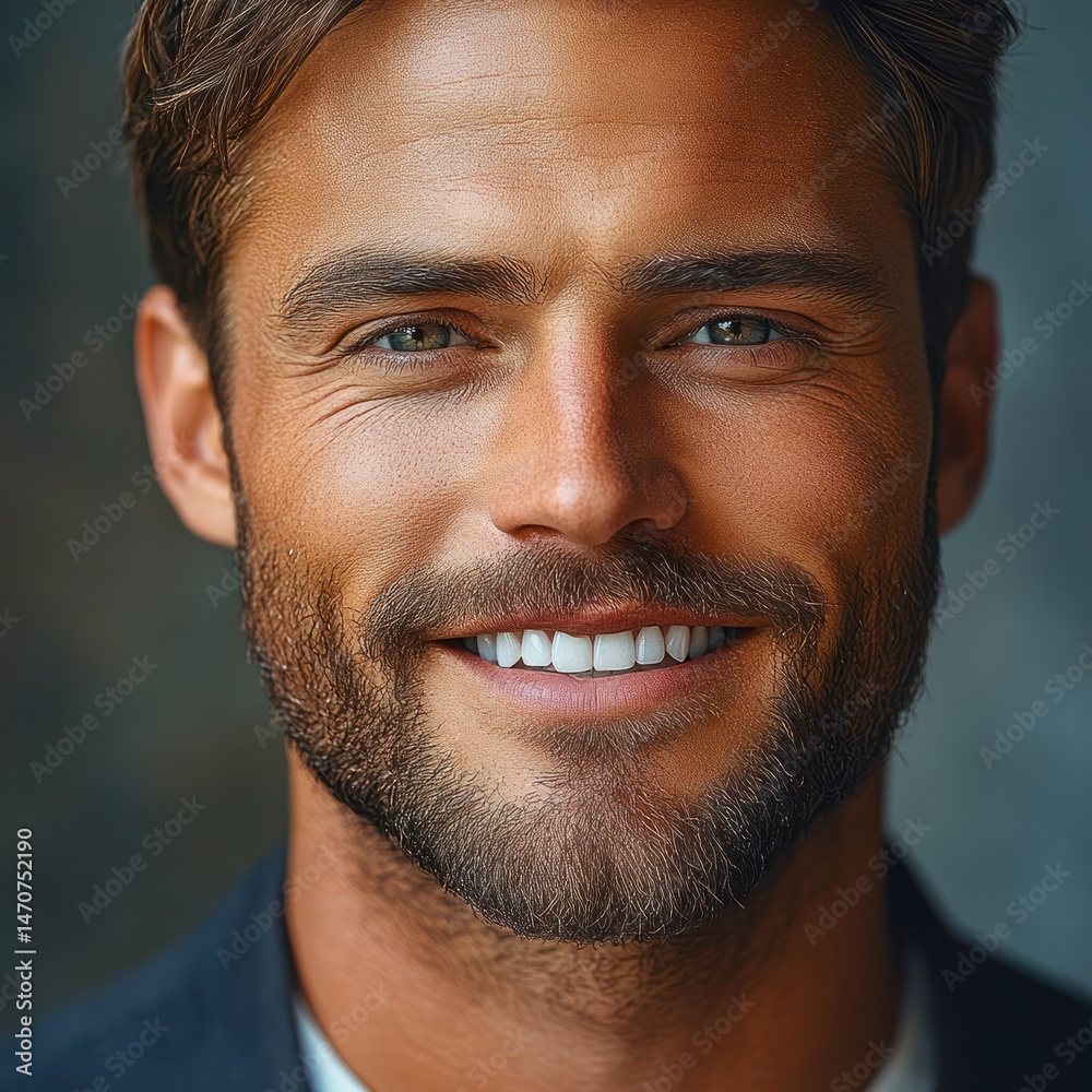 Obraz premium Close-up portrait of a smiling man with blue eyes, light brown hair, and a well-groomed beard showing genuine happiness and confidence