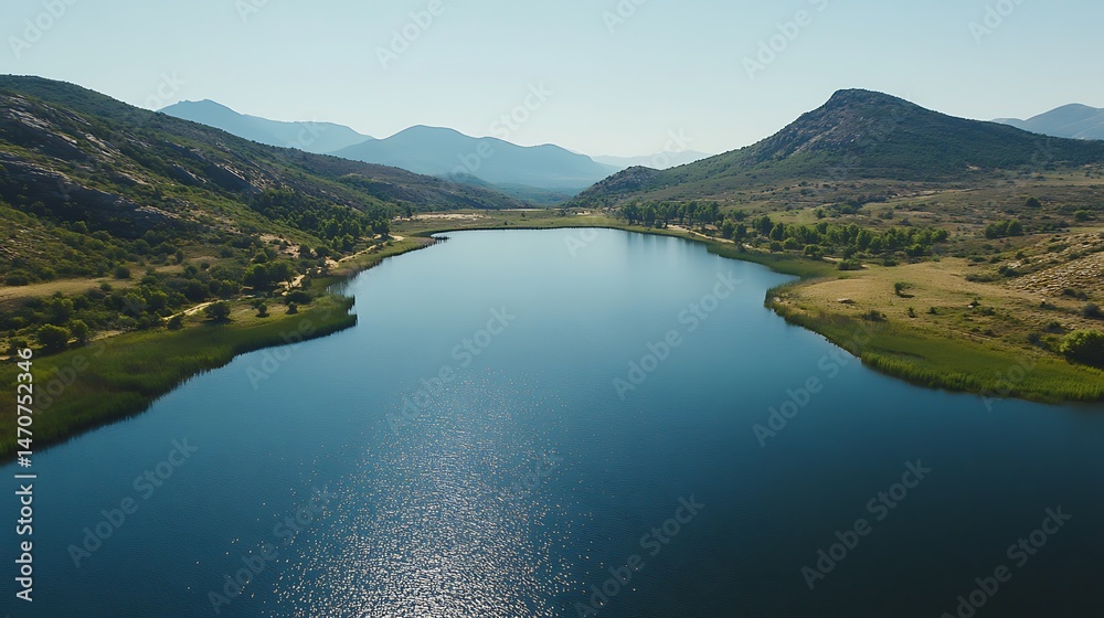 Naklejka premium Serene mountain lake vista from a high altitude.