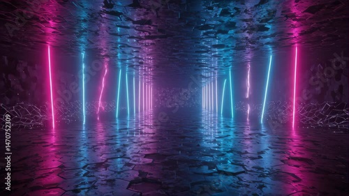 Geometric Tunnel with Glowing Neon Lights in a Modern Architecture Interior