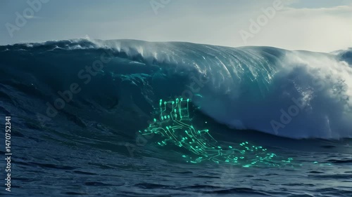 Aqua Blue Ocean Waves Crashing with Artificial Lights and Dark Tones