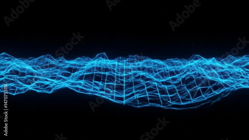 Abstract Digital Landscape in Cyan Wireframe Pattern on Black Background