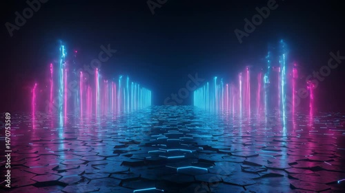 Abstract Neon Lights on Cracked Ground in a Dark Tunnel Perspective View