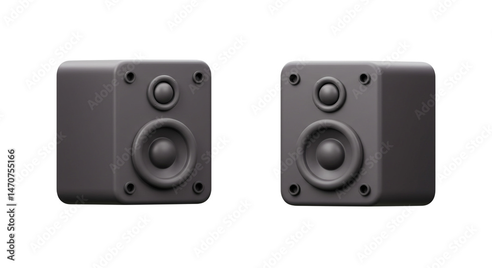 Fototapeta premium Two gray speakers are positioned side by side on a white background in a studio setting for audio work