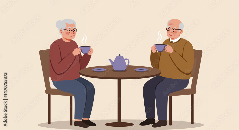 Fototapeta premium Elderly couple enjoying tea at a cozy table with soft background 