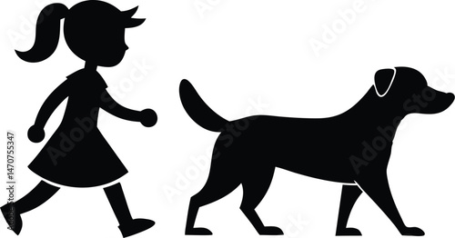 Simple silhouette illustration of a girl walking a dog showing friendship and companionship
