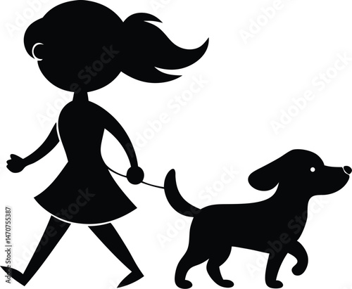 Silhouette illustration of a girl walking her dog on a leash in black and white