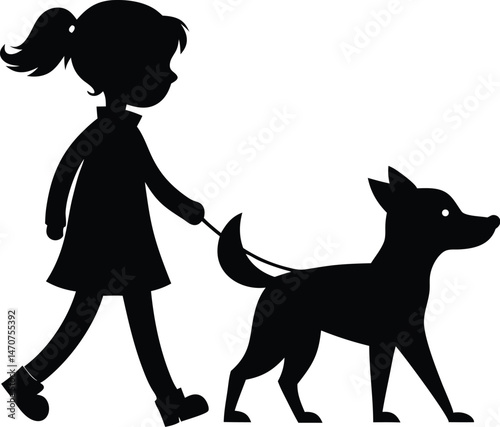 Silhouette illustration of a girl walking her dog with a leash and a playful appearance