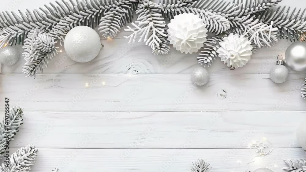 This image shows seasonal holiday ornaments, including silver balls and white snow-covered pine branches, arranged on a white wooden surface. The scene is clean, festive, and elegant.