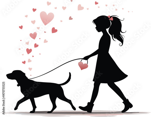 Silhouette of girl walking dog with heart shaped leash and hearts as background elements