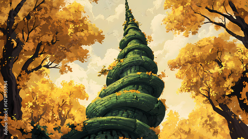 A whimsical green tower spirals upward amidst golden autumn trees, set against a serene sky, creating a fairytale-like scene. [Vortex Temples] | Twisted Pagoda | spiraled tower. Illustration photo