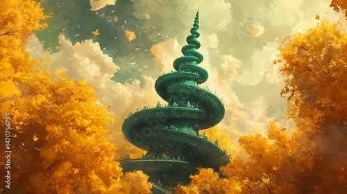 A whimsical green tower spirals upward amidst golden autumn trees, set against a serene sky, creating a fairytale-like scene. [Vortex Temples] | Twisted Pagoda | spiraled tower. Illustration photo