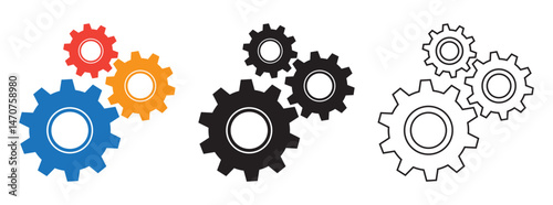Setting gears icon set. Cogwheel group symbol. Colorful, glyph, black, and line version.