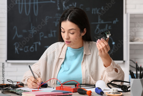 Female inventor with comput...
