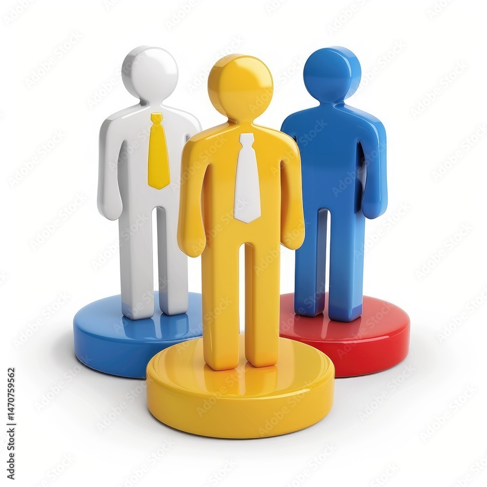 Three colorful business figures stand together on tiered circles. Three colorful business figures stand together on tiered circles.
