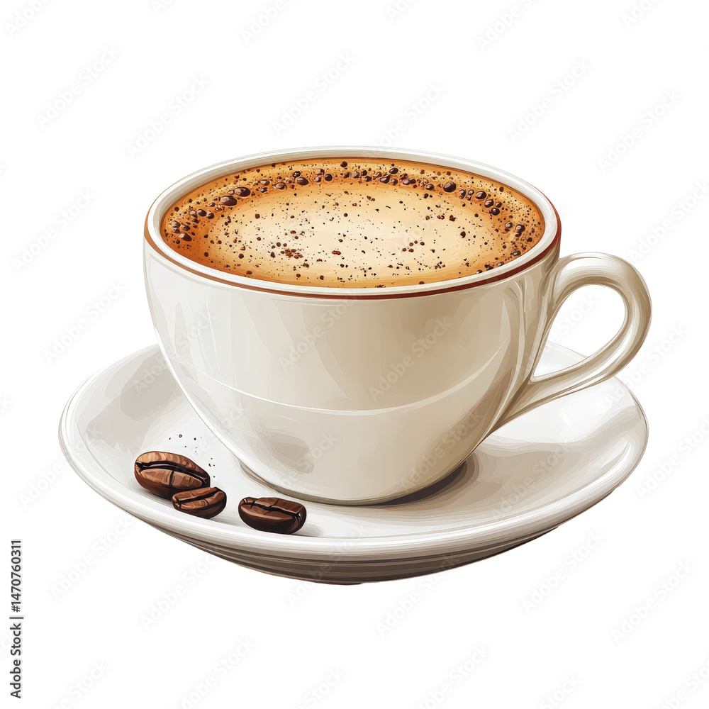 Fototapeta premium Aromatic cappuccino in a pristine white cup with scattered coffee beans detail