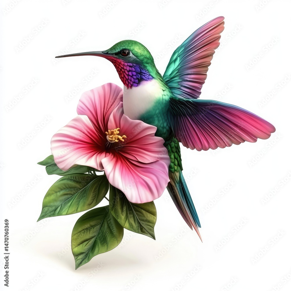 Obraz premium Vibrant hummingbird in flight, near a hibiscus flower.