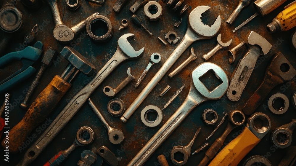 Fototapeta premium Overhead view of various tools on a textured dark surface