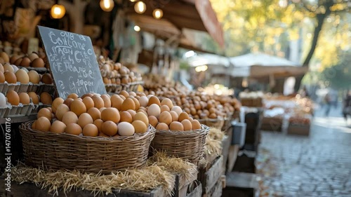 A bustling market scene showcasing baskets filled with brown eggs, surrounded by vibrant outdoor stalls and autumn foliage.