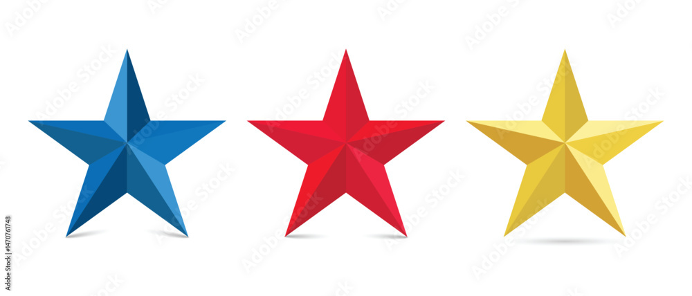 Obraz premium Star 3d illustration in red, blue, gold on an isolated white background.