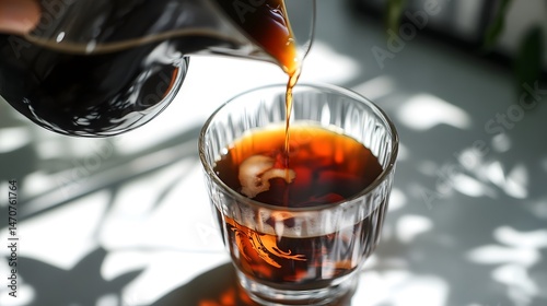 Freshly brewed espresso in a glass cup 