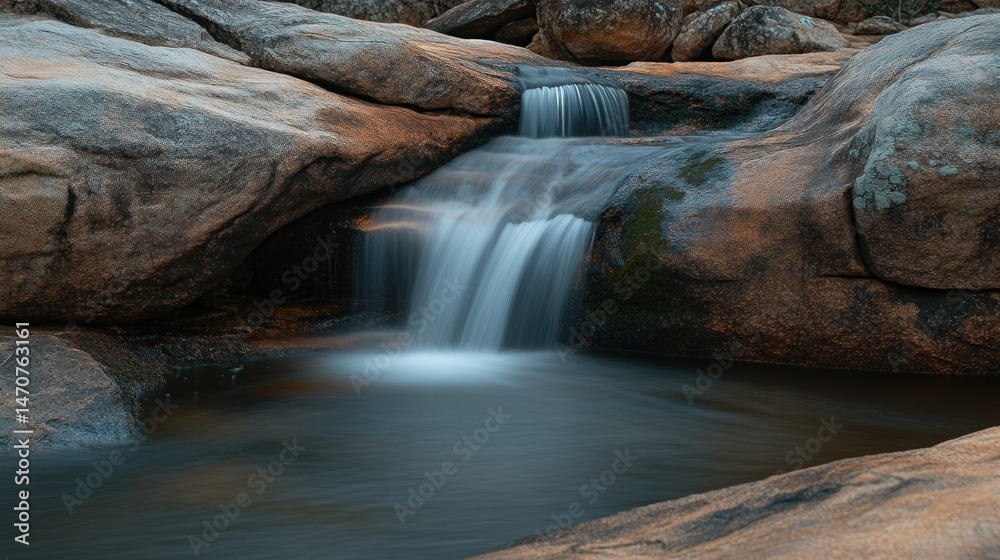 Naklejka premium A beautiful flowing waterfall cascades over ancient weathered granite rocks