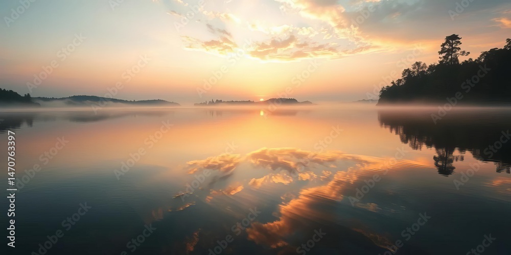 Obraz premium Misty sunrise paints tranquil lake, still water reflects serene sky, reflection, clouds
