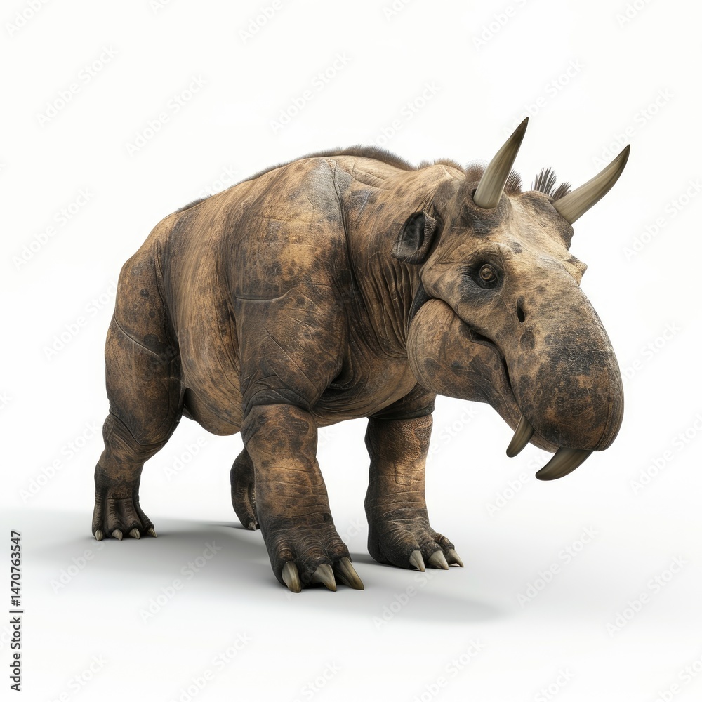 Naklejka premium Prehistoric mammal with horns and tusks displayed.