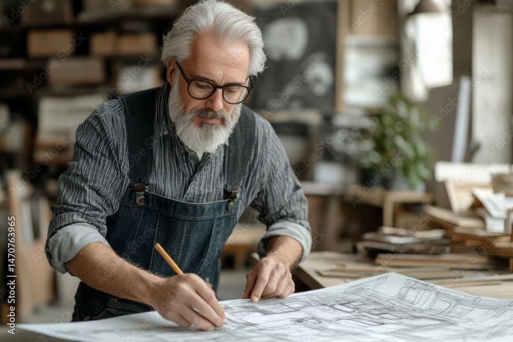Focused craftsman meticulously drawing plans in a workshop. Focused craftsman meticulously drawing plans in a workshop.