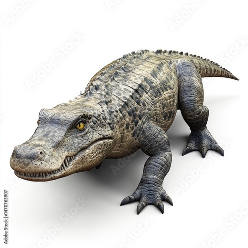 Close-up of a large alligator against a white background. photo